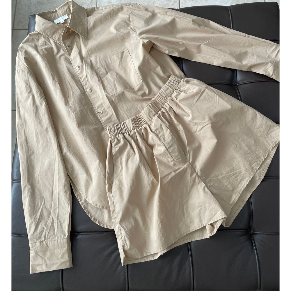 Mable Tan Khaki Two-Piece Set Button Down Shirt and Elastic Waist Shorts Small